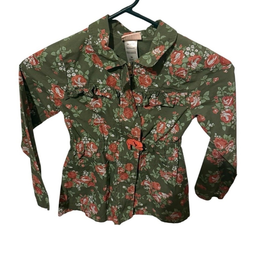 Little Lass Girls Jacket Green Coat Floral Size 6X